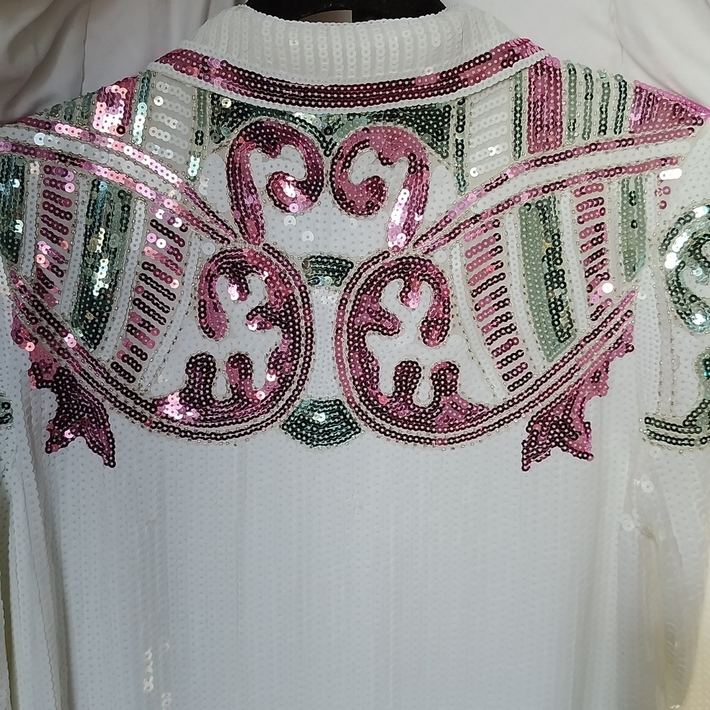EUC Nasty Gal Fully Sequined White Dress Jacket Pink And Green Designs - Size 4 - Picture 3 of 10